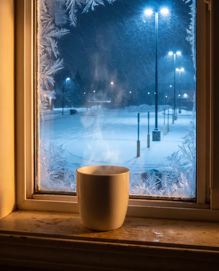 Generated scene: a steaming white cup on a window ledge at night, frost crystals growing on the glass and lamp posts lighting a snowy lot outside.